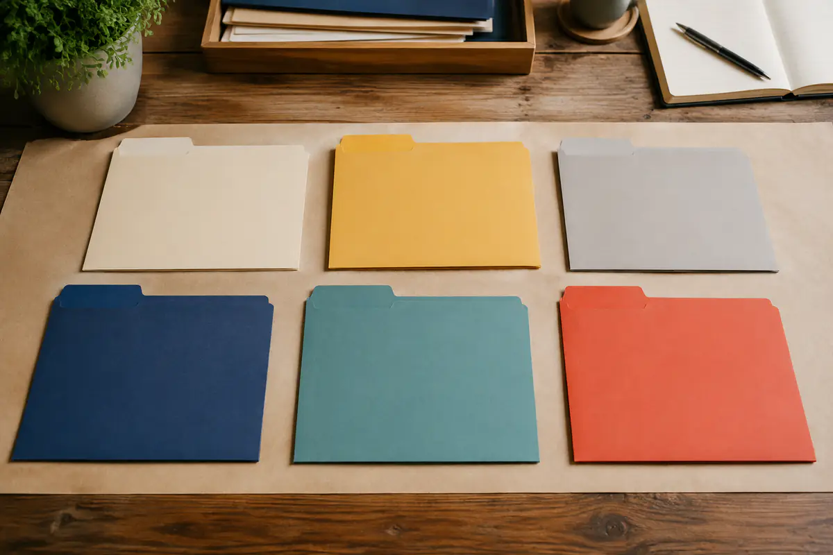 Enam folder skop kosong berlainan warna di atas meja